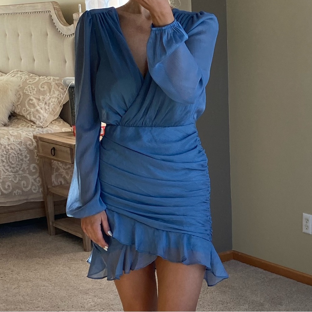 Shimmer metallic blue wrap dress